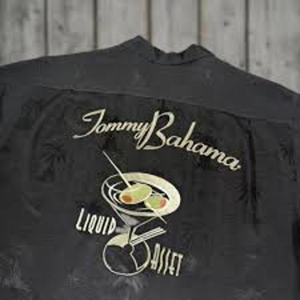 Vintage TOMMY BAHAMA Black MARTINI Camp Shirt LIQUID ASSET Size L Large Embroide